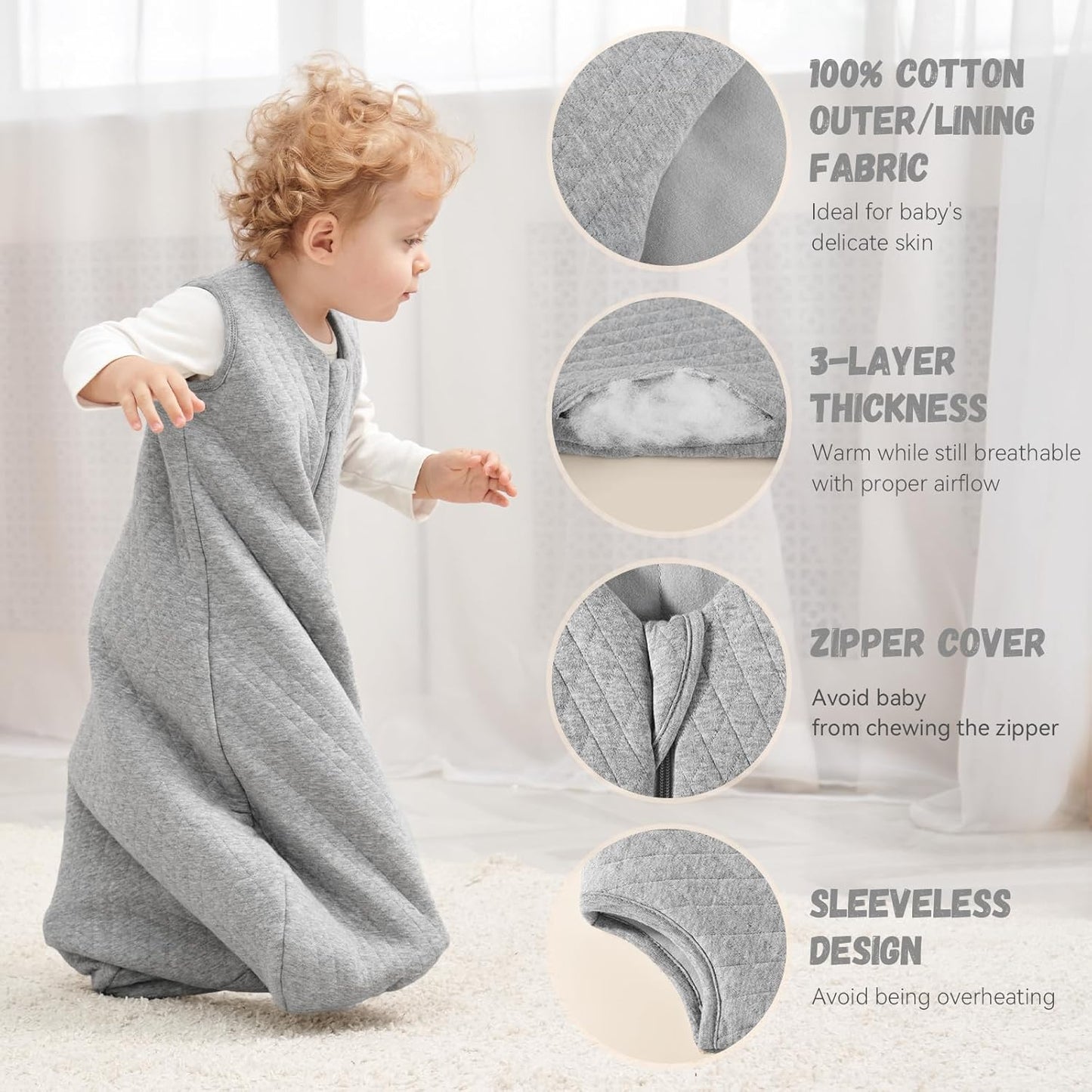 Yoofoss Baby Sleep Sack - 100% Organic Cotton Wearable Blanket for 0-6 Months | TOG 2.5, Warm Quilted Design