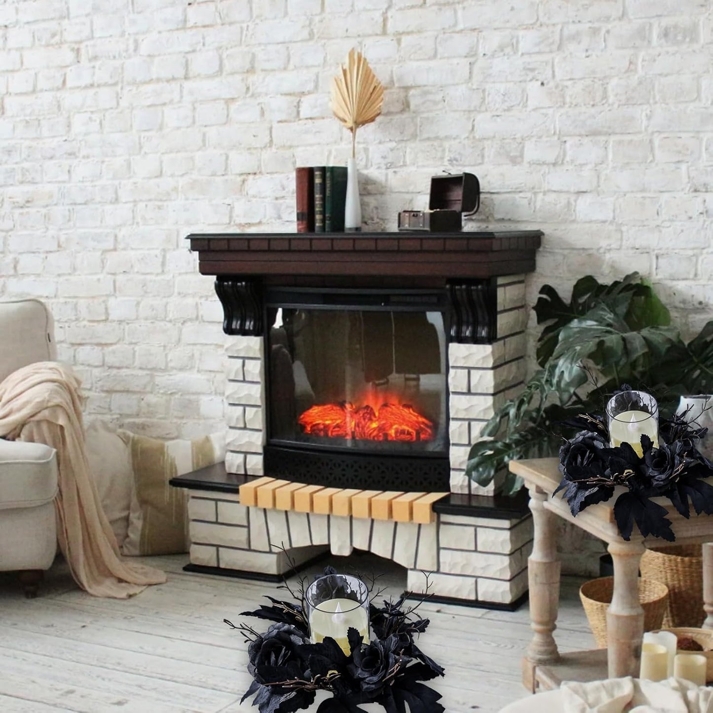Skiennix Gothic Halloween Wreath - Black Candle Rings & Maple Rose Garland for Festive Decor