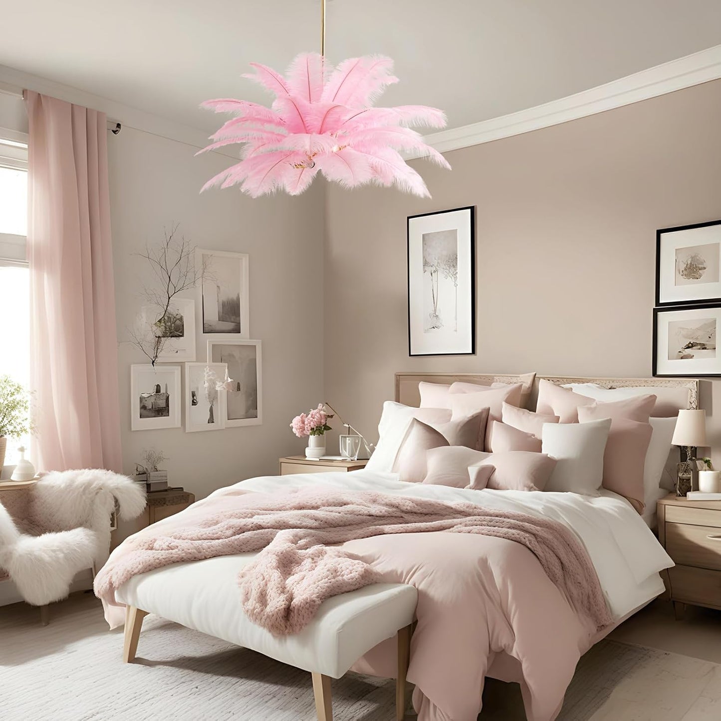 NZV Pink Feather Chandelier - Romantic Pendant Light for Girls' Room | 23.6in Ostrich Feathers, E14 Base
