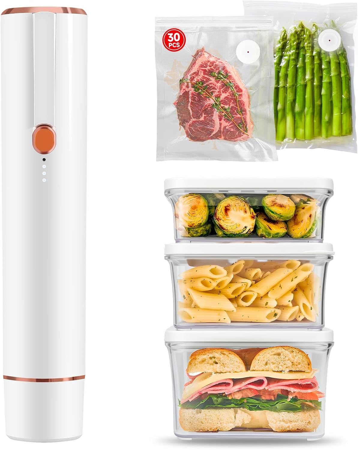 Skiennix Vacuum Sealer - Compact Handheld Machine with 30 Reusable Bags & 3 Containers | Ideal for Sous Vide, Travel & Camping