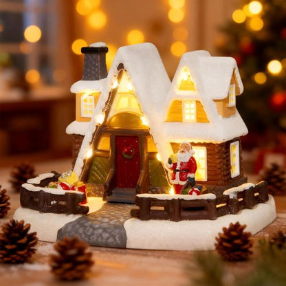 LED Lighted Village House - 6.9 Inch Triangular Christmas Decoration with Santa Claus Statue