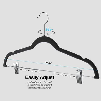 Home-it Pants Hangers - 10 Pack Black Velvet Non-Slip Clips for Space-Saving Clothing Storage