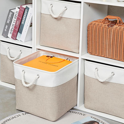 Skiennix 6-Pack Storage Cubes - 13x13 Inch Fabric Bins with Handles for Organizing Clothes, Toys, Books | White & Beige
