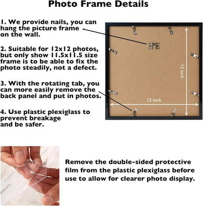 JCJMY 12x12 Inch Picture Frame - Versatile Horizontal & Vertical Wall Display | Shatter-Resistant Plexiglass, Black