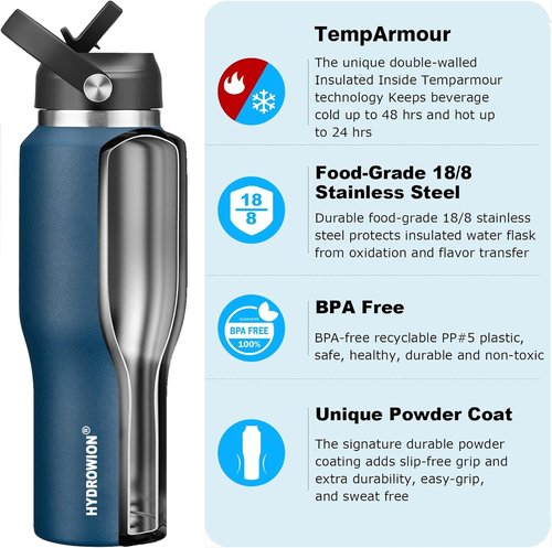 HYDROWION 40oz Insulated Water Bottle - Leakproof Design with Straw & Flex Cap | Fits Car Cup Holder, Black