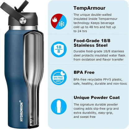 HYDROWION 40oz Insulated Water Bottle - Leakproof Design with Straw & Flex Cap | Fits Car Cup Holder, Black