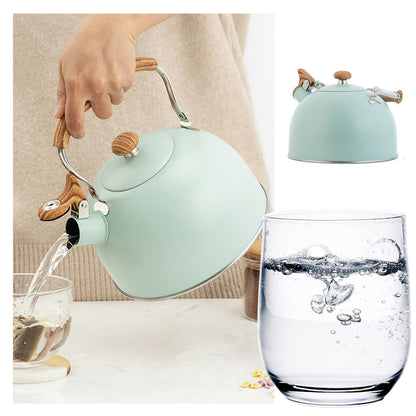 YTCYKJ Water Kettle,2.6 Quart Whistling Tea Kettle, Food Grade Stainless Steel Whistling Tea Pot with Wood Pattern Handle,Works For All Stovetops(Green-2.6 Quart)