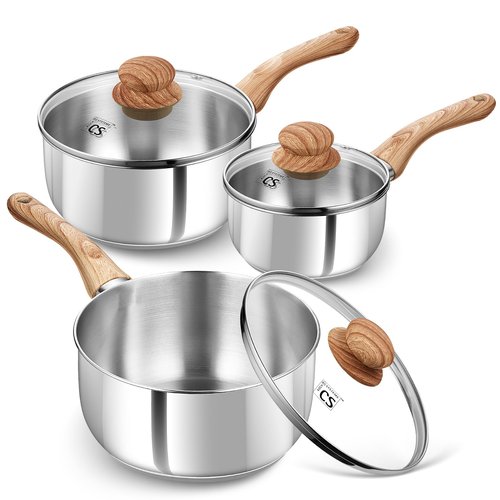 KOCH SYSTEME CS Stainless Steel Saucepan Set, 6 Piece Sauce Pan Set 1QT & 2QT & 3QT with Heat-resistant Bakelite Handle, Cool-Touch Stainless Steel Pot Set, Sauce Pans Induction Ready