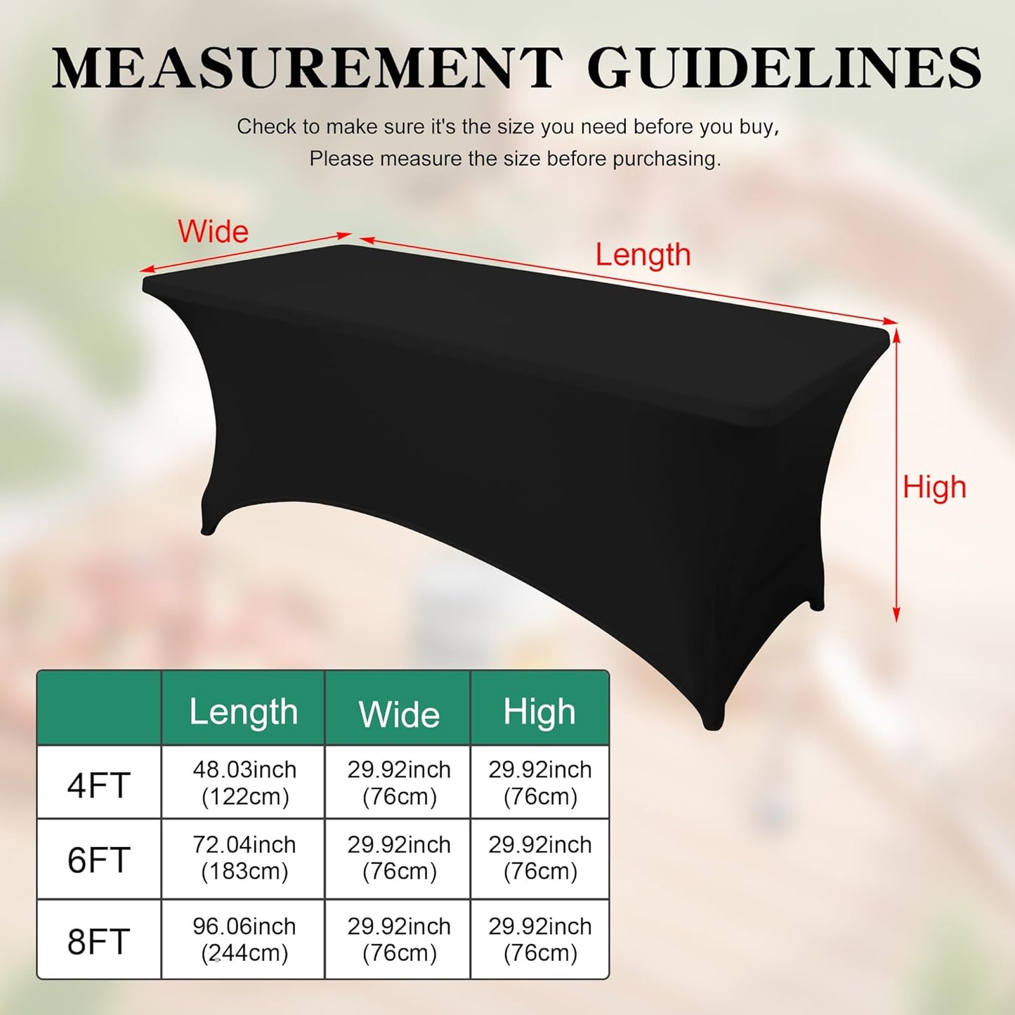 Skiennix 4FT Rectangular Table Cloth - Washable Black Spandex Cover for Events, Parties & Weddings