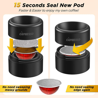 CAPMESSO Reusable Vertuoline Pod Refill Kit - 50 Aluminum Lids with Fill & Press Brush for Easy Use
