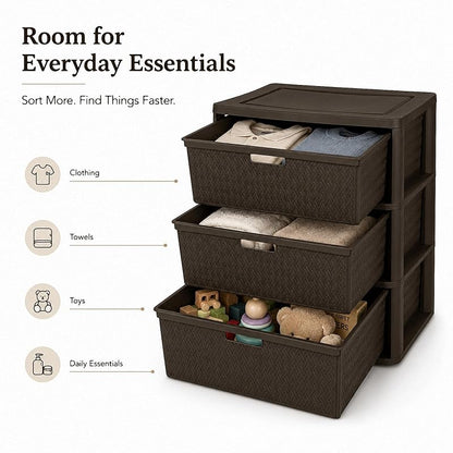 Wide 3-Drawer Decorative Organizer Chest Brown – Cross-Weave Storage Tower