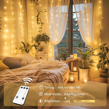 JMEXSUSS 300 LED Remote Control Curtain Lights - 100 LED Globe Star String Lights | Plug-In Design