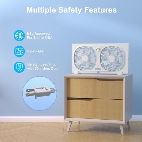 shinic 9" Twin Window Fan with 180°+90° Rotatable Fans, 2-Speeds, Vertical Window Fan with Rigid & Accordion Expanders, Width Adjustable (21.65" to 33.27"), Ideal for Home, Kitchen, Bedroom, Office