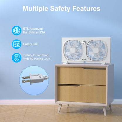 shinic 9" Twin Window Fan with 180°+90° Rotatable Fans, 2-Speeds, Vertical Window Fan with Rigid & Accordion Expanders, Width Adjustable (21.65" to 33.27"), Ideal for Home, Kitchen, Bedroom, Office
