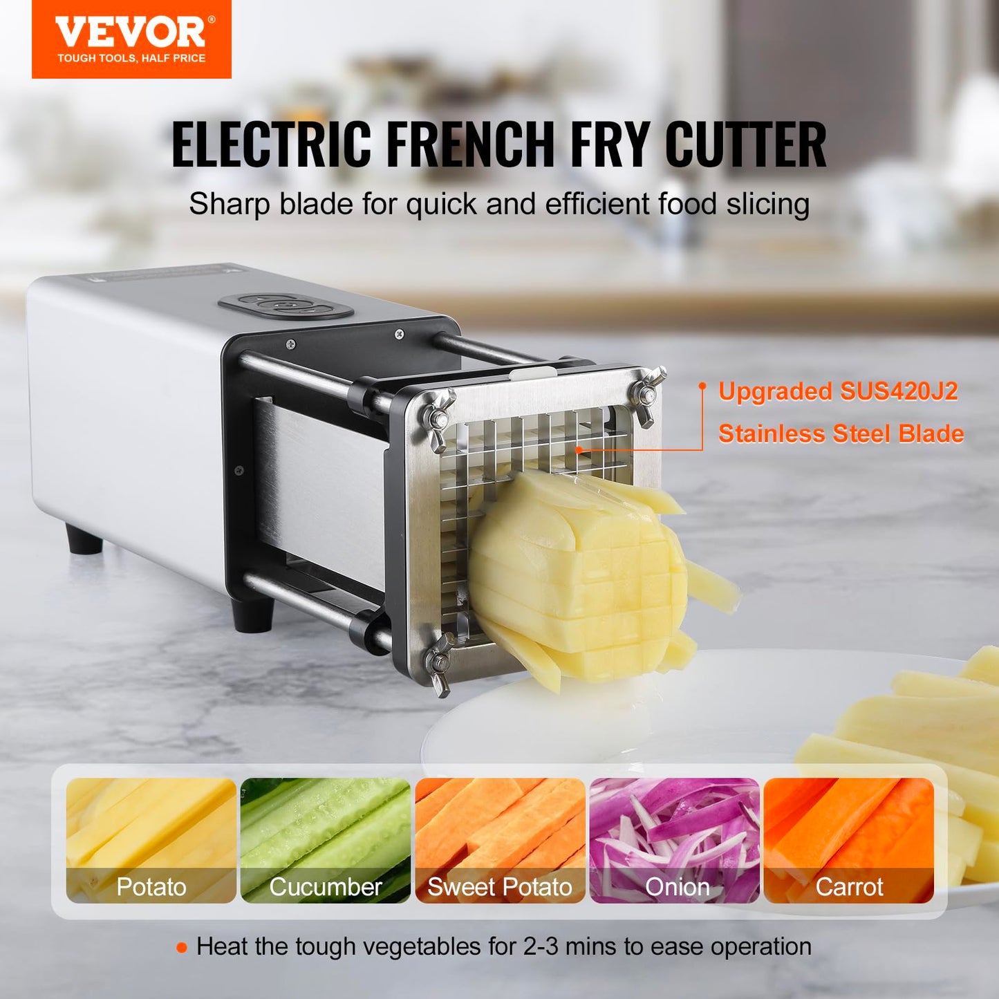 VEVOR Electric French Fry Cutter, Potato Slicer with 1/2-Inch and 3/8-Inch Stainless Steel Blades, Potato Cutter Chopper w/Anti-slip Feet, Great for Potato, French Fries, Cucumber, Vegetables, Carrot