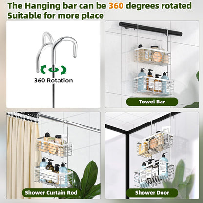 YUOROS Shower Caddy - 2-Tier Over the Door Organizer Rack | Rustproof 304 Stainless Steel, Silver Finish