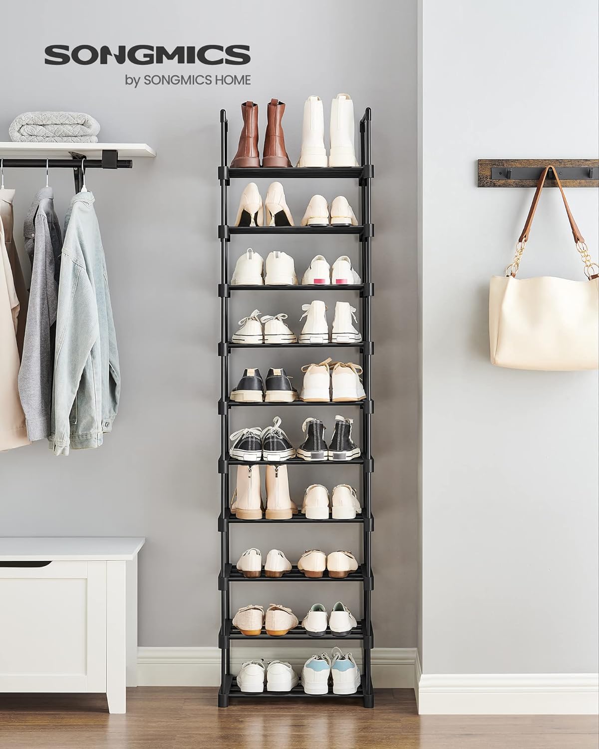 SONGMICS 10-Tier Shoe Rack - Versatile Metal Organizer for 11-22 Pairs | Black, 11.8 x 17.7 x 68.5 Inches