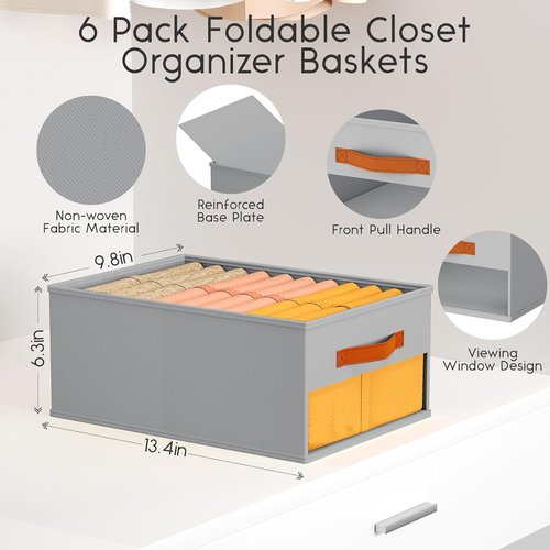 Homsorout Drawer Organizers - 6 Pack Foldable Fabric Pants Organizer with Clear Window & Handles | Grey