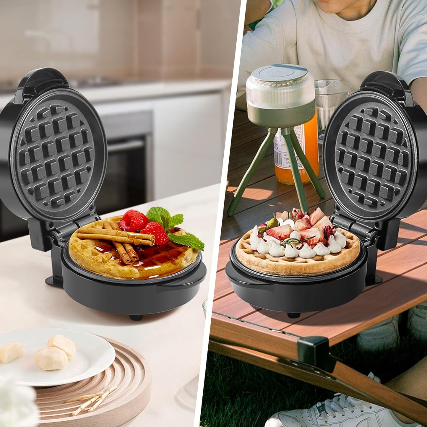 Skiennix Mini Waffle Maker - Non-Stick Breakfast Belgian Waffles | Portable 5-Inch Iron, Easy to Clean, Black