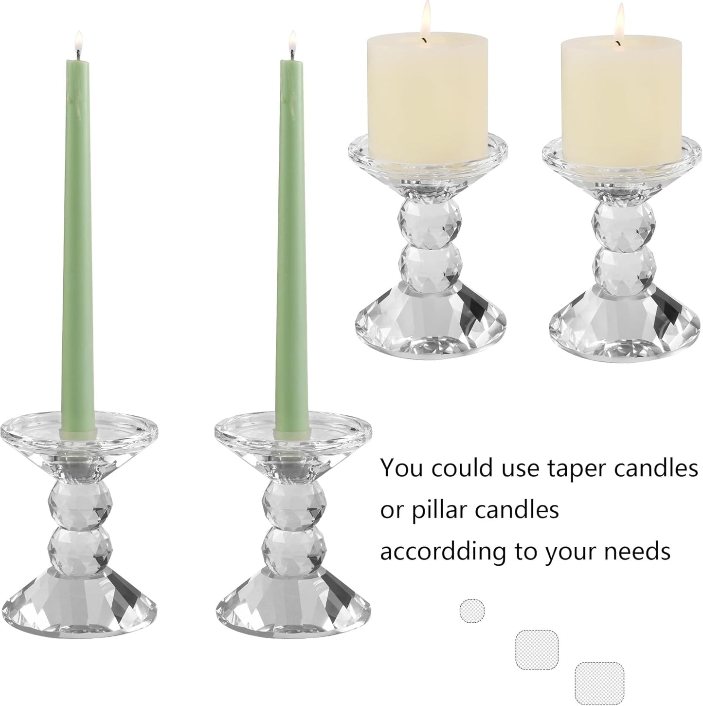 Skiennix 2-Pack Crystal Candle Holders - Elegant Clear Taper & Pillar Candlesticks | 4.9in Tall Home Decor