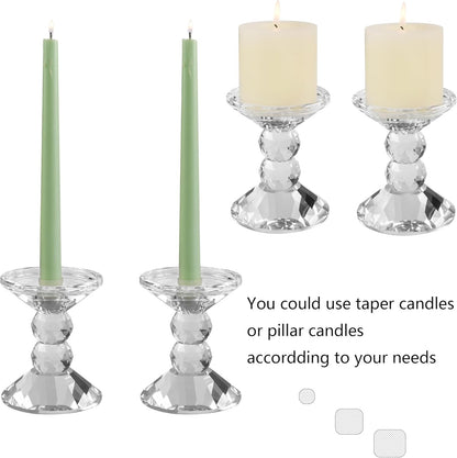 Skiennix 2-Pack Crystal Candle Holders - Elegant Clear Taper & Pillar Candlesticks | 4.9in Tall Home Decor