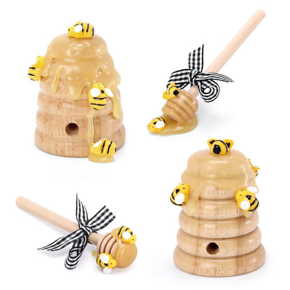 Bee Tiered Tray Decor with Wooden Fake Honey Hive Dippers Bumble Bee Gifts for Women Decorations for Spring Farmhouse Home Kitchen Shelf Rustic Housewarming Display Party Supplies Set of 4