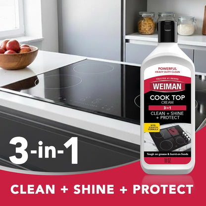 Weiman Ceramic & Glass Cooktop Cleaner - Heavy Duty Polish with 3 Scrubbing Pads | 10 Ounce Bottle