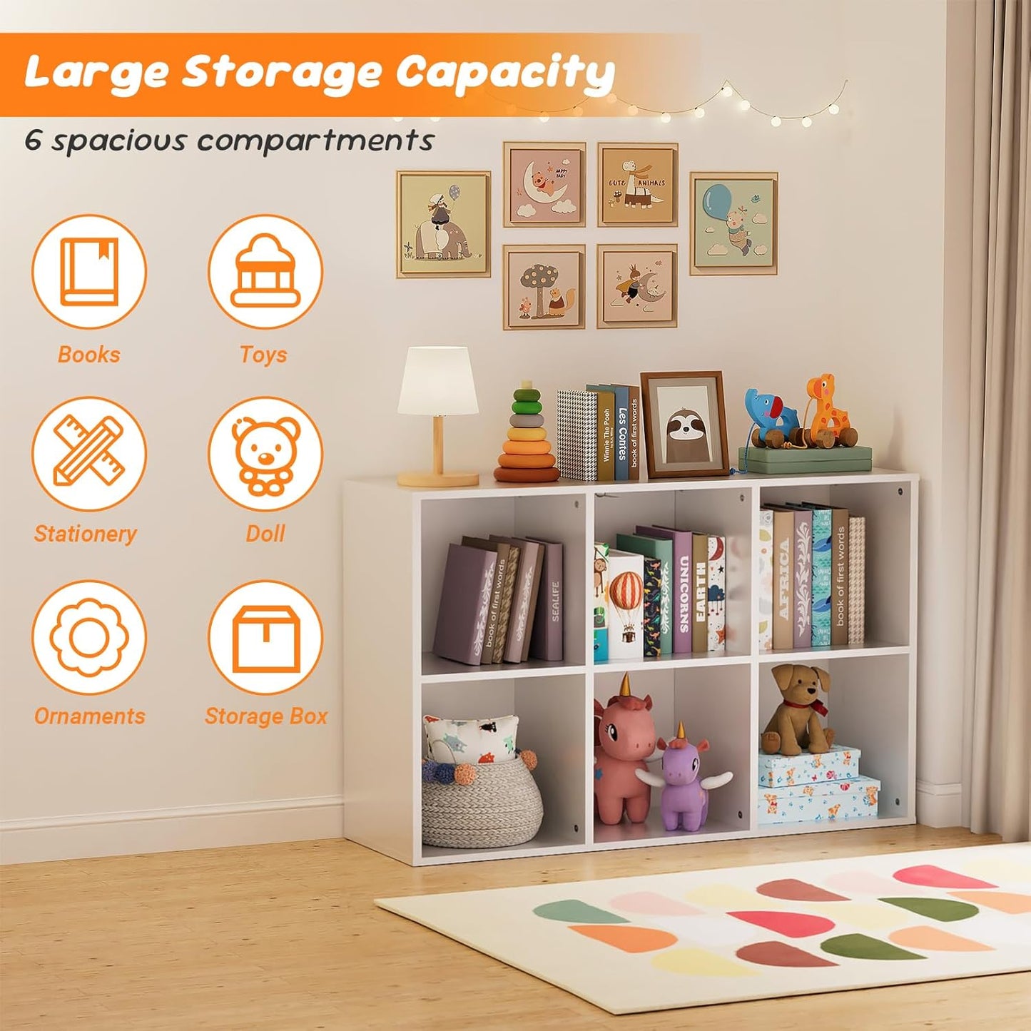 Regine Switzerland 6 Cube Storage Organizer - White Kids Cubby Bookshelf with Anti-Tip Kit
