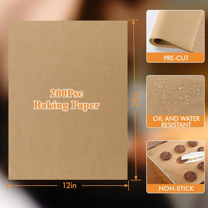 MUCHII Parchment Paper Sheets - 200 Pcs Non-Stick, 12 x 16 Inch for Baking, Grilling & Air Frying