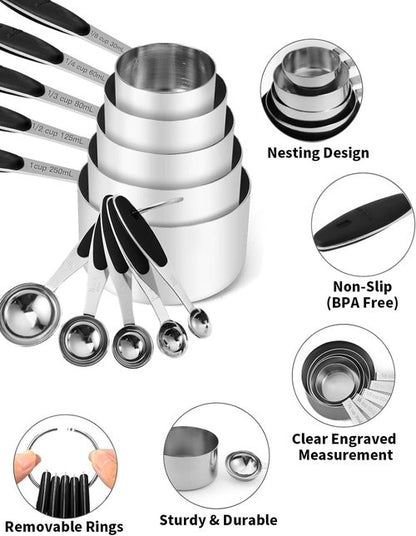 Joyhill Stainless Steel Measuring Cups Set - 10-Piece Nesting Design with Soft Touch Silicone Handles | Black