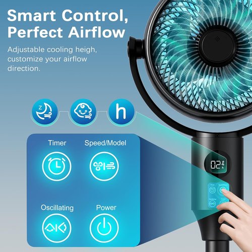 JYMIPA Oscillation Standing Fan - Whisper Quiet 3 Modes & 8 Speeds | 79ft Airflow, Adjustable 24-42" Height