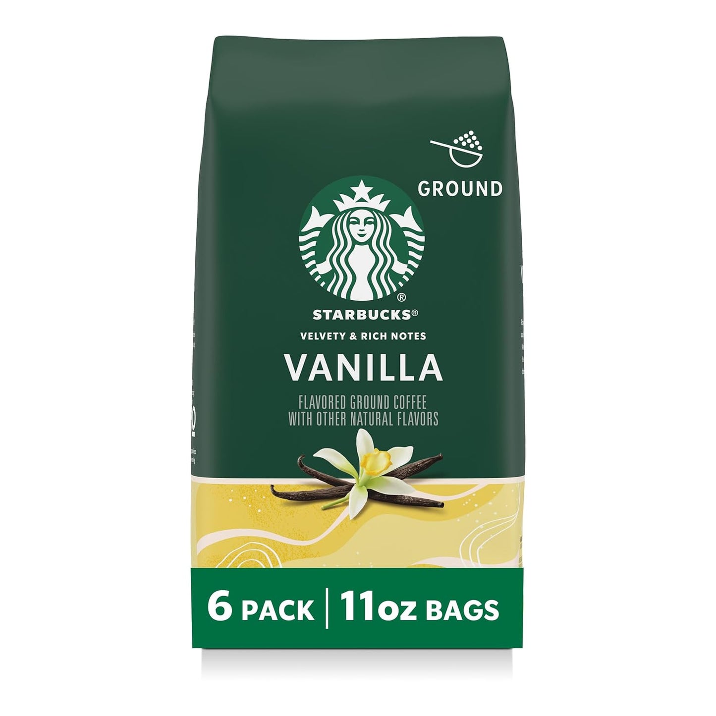 Starbucks Ground Coffee - Vanilla Flavored Hot or Iced Coffee | Six 11 oz Bags