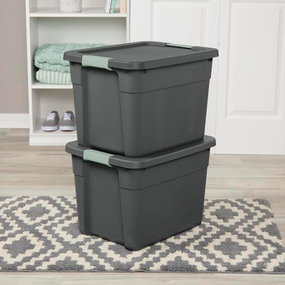 Sterilite 6-Pack Latch Tote | Stackable 12 Gallon Plastic Storage Bins with Lids - Gray/Green Organization Solution
