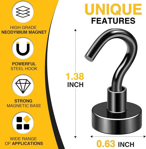 DIYMAG Magnetic Hooks - Heavy Duty 30lbs+ Garage & Kitchen Hooks | 60 Pack Black Magnets