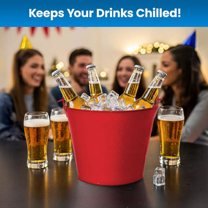 PLEXON Metal Ice Bucket for Parties Coctail Bar Restaurant - Drink Beer Champagne Beverage Pail Bucket with Handle for Valentines Day, Galvanized Steel, 1.3 Gallon, Red, Set of 3