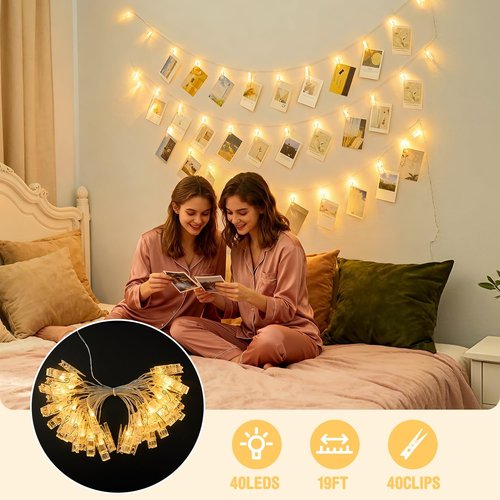 JMEXSUSS Photo Clip String Lights - 20.8FT with 40 LED Clips | Battery Operated Fairy Lights for Teen Room Decor