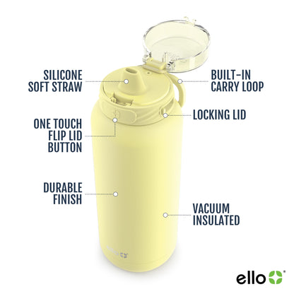 Ello Cooper 32oz Stainless Steel Water Bottle with Straw and Carry Handle, Double Walled and Vacuum Insulated Metal, Leak Proof Locking Lid with Soft Silicone Spout, Reusable, BPA Free, Lemonade