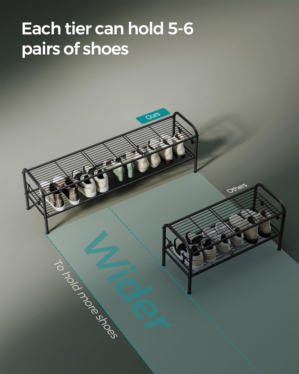 SONGMICS Shoe Rack - 2-Tier Metal Organizer with 4 Side Hooks | Holds 18 Pairs, Height-Adjustable, Ink Black