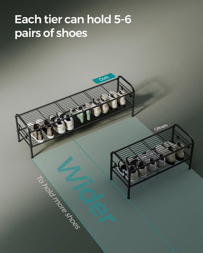 SONGMICS Shoe Rack - 2-Tier Metal Organizer with 4 Side Hooks | Holds 18 Pairs, Height-Adjustable, Ink Black