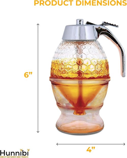 Hunnibi 8oz No Drip Glass Honey Dispenser - Honeycomb Syrup Server with Bee-Themed Stand
