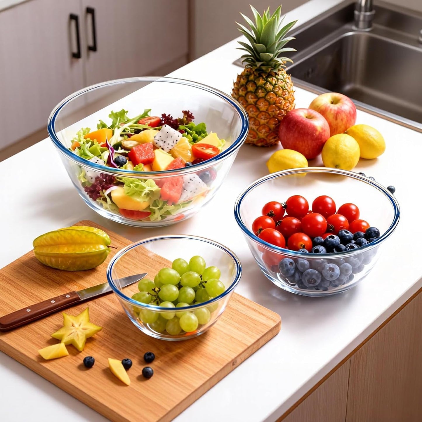WhiteRhino Glass Mixing Bowls Set - Space-Saving Nesting Bowls with Lids | 4.5QT, 2.7QT, 1.1QT