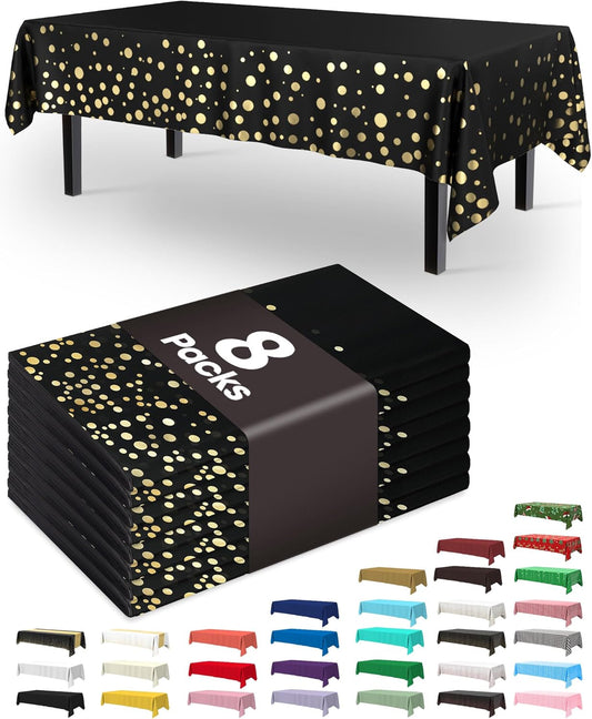 Pureegg Disposable Plastic Tablecloths - 54 x 108 Inch, Leakproof & Sturdy, Black and Gold | 8 Pack for Graduation Celebrations