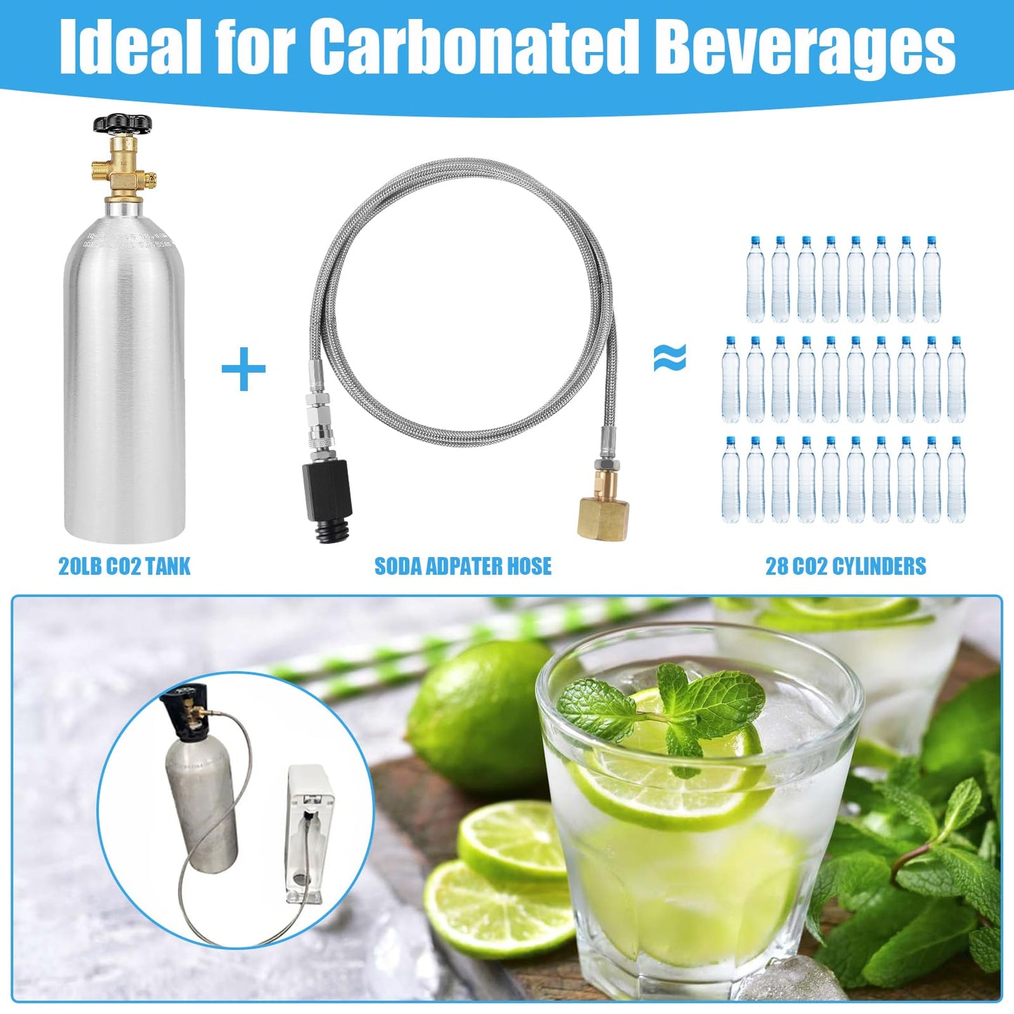 Soda Maker Adapter Soda Maker Connector, CO2 Tank CO2 Cylinder Adapter with Stainless Steel Hose, CGA320 to TR21-4 Carbonated Water Maker for Fizzi One Touch Jet Ninja