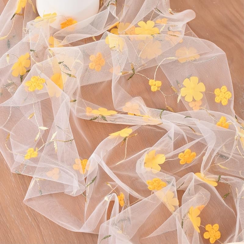 Yellow Floral Gauze Table Runner, 28x120 inches - Embroidered Boho Home Decor (Variation: Yellow+3)