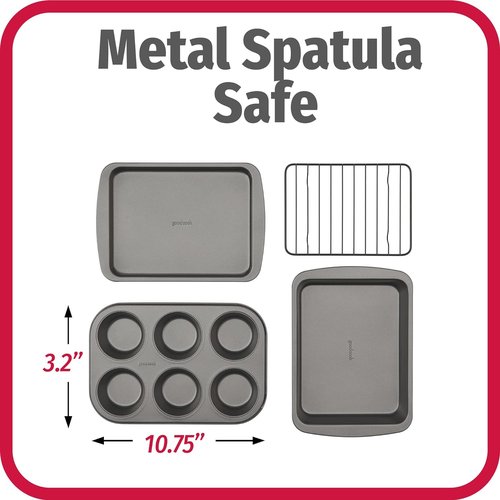 GoodCook 4-Piece Nonstick Steel Toaster Oven Set - Includes Sheet Pan, Rack, Cake Pan & Muffin Pan, Gray
