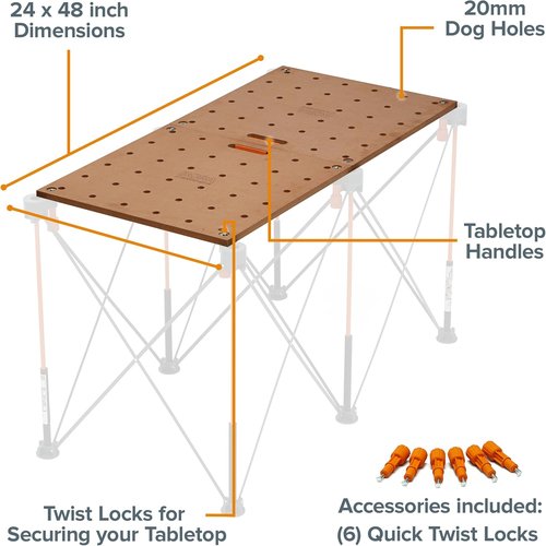 BORA Centipede Workbench Table Top - 24" x 48" Wood Top with 20mm Dog Holes & 6 Quick-Twist Lock Handles