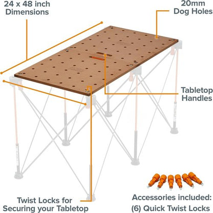 BORA Centipede Workbench Table Top - 24" x 48" Wood Top with 20mm Dog Holes & 6 Quick-Twist Lock Handles