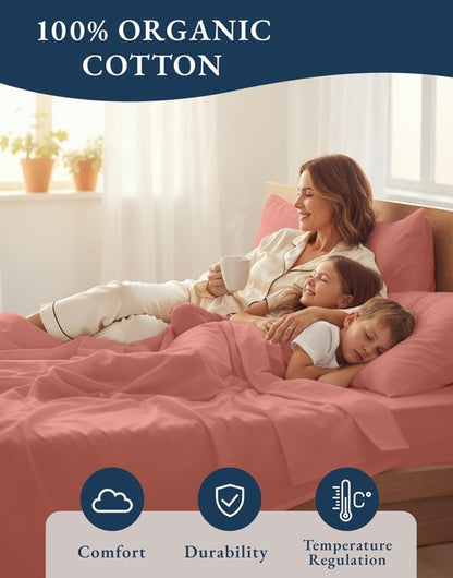 LANE LINEN 100% Organic Cotton Fully Elasticized King Sheet Set, Low Pilling Fade Resistant Machine Washable Naturally Cooling King Bedding Set, Mercerized Soft & Comfy Cotton Sheets – Rose Dawn
