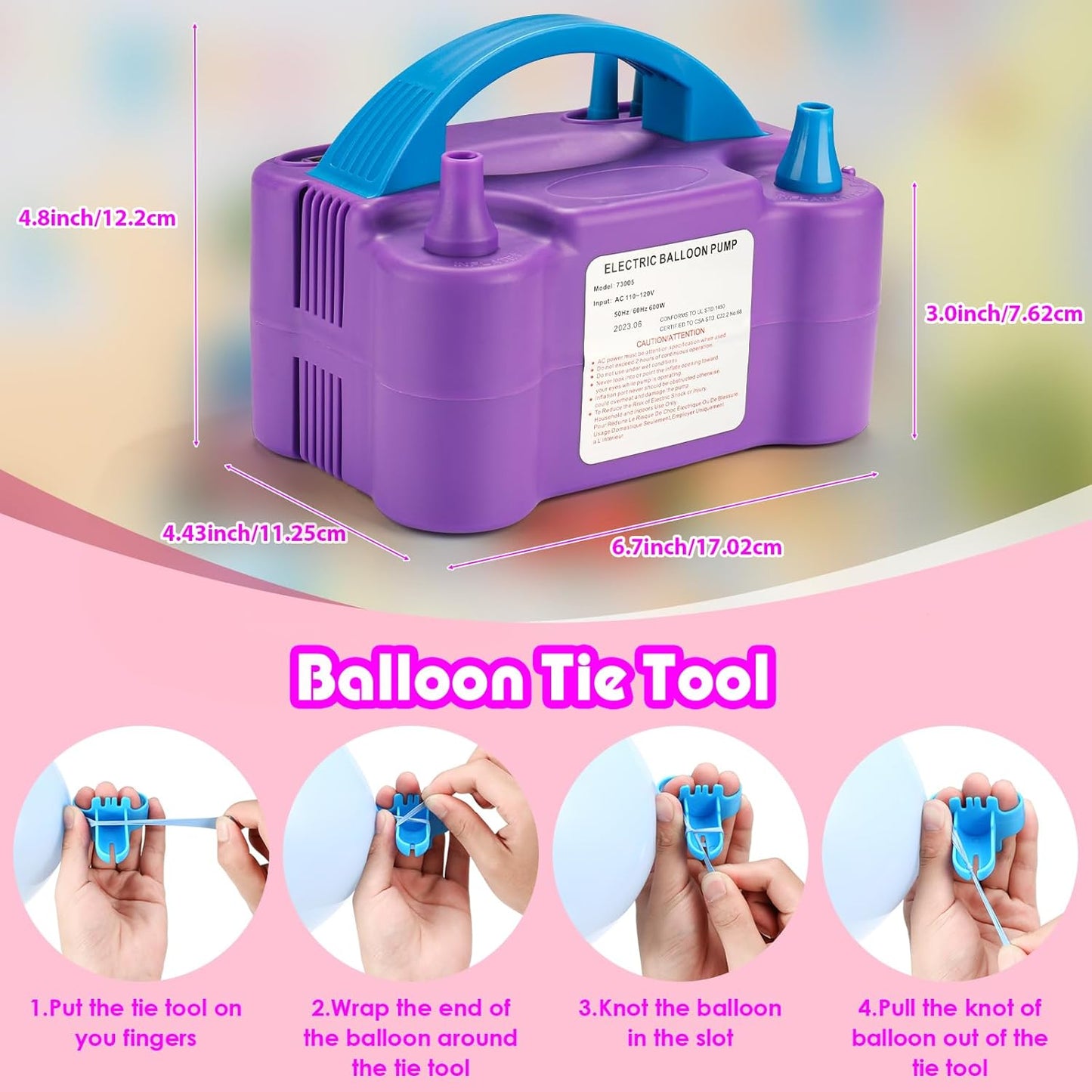 Voircoloria Electric Balloon Pump - Portable Dual Nozzle Inflator with Tying Tools for Parties | 110V 600W