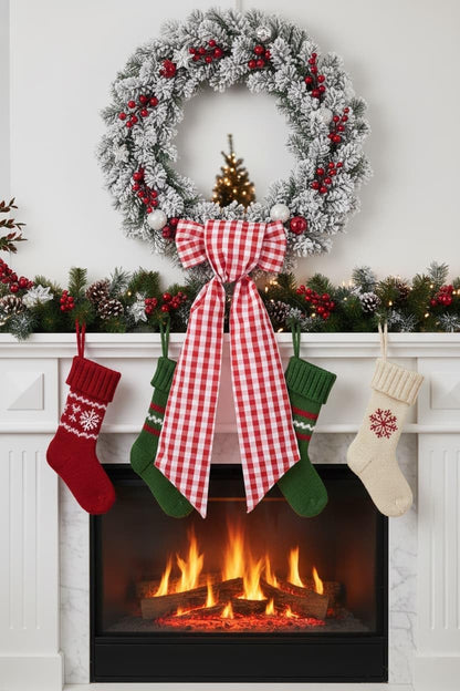 Red White Plaid Wreath - Sash Front Door Decoration for Christmas & Valentine’s Day | Farmhouse Home Decor